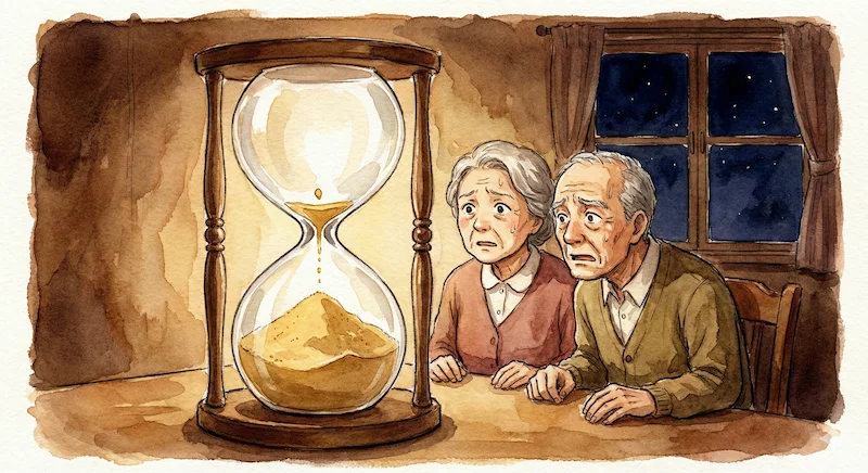 資産が減っていく不安を感じる高齢夫婦と砂時計のイラスト